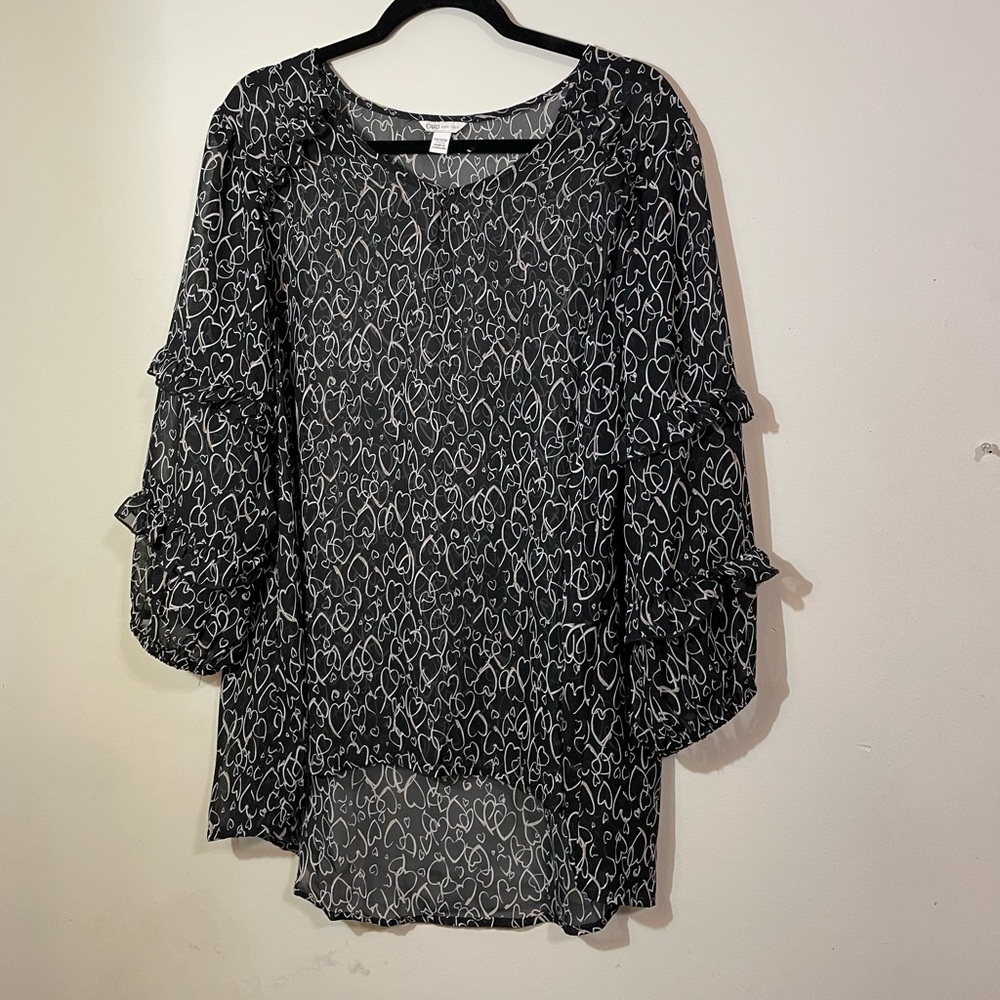 Cato Women Blouse 14/16W Heart Design Sheer Lightweight 3/4 Ruffle Sleeve Black